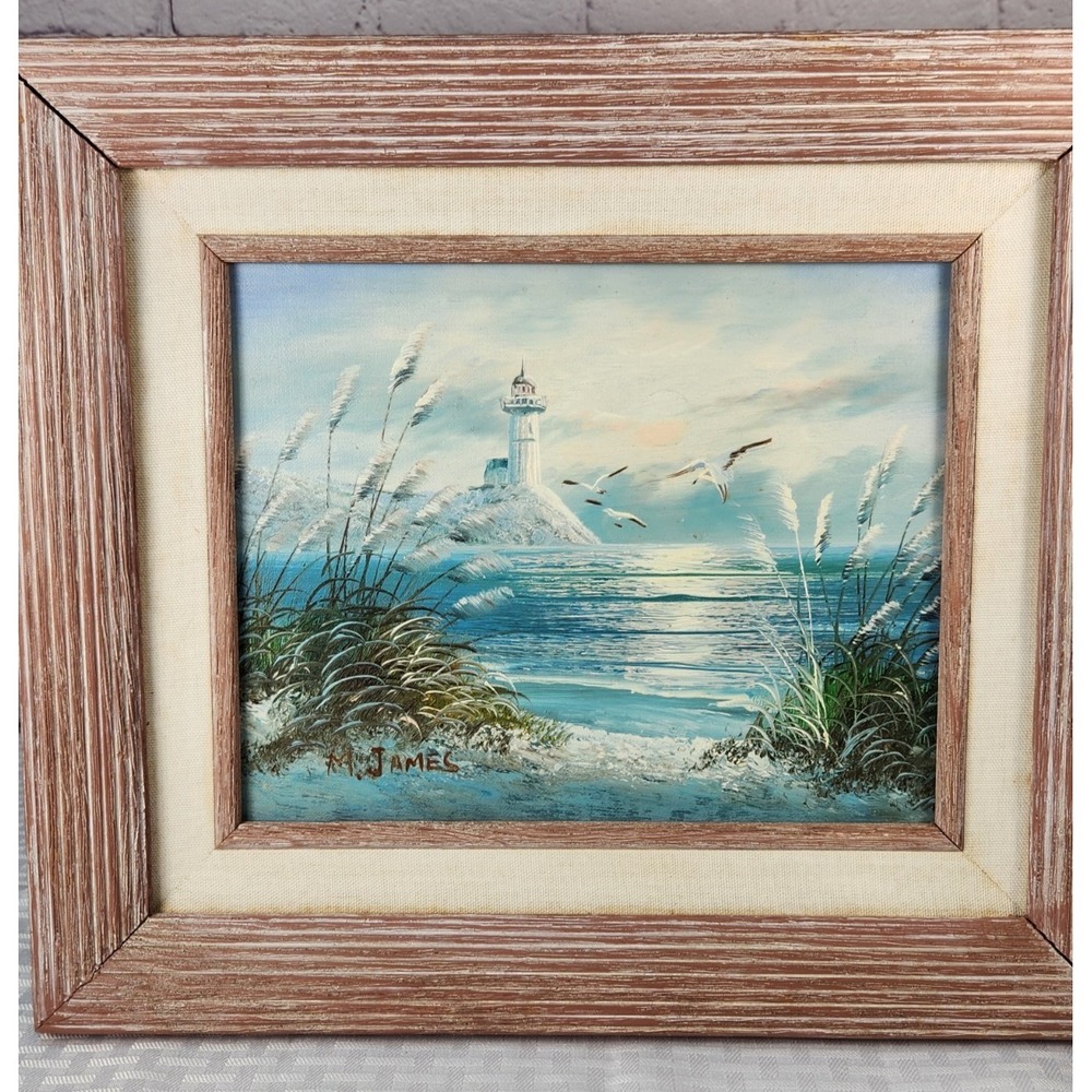 Original Signed M. James - Oil Painting - Seascape with Sea Gulls and Lighthouse